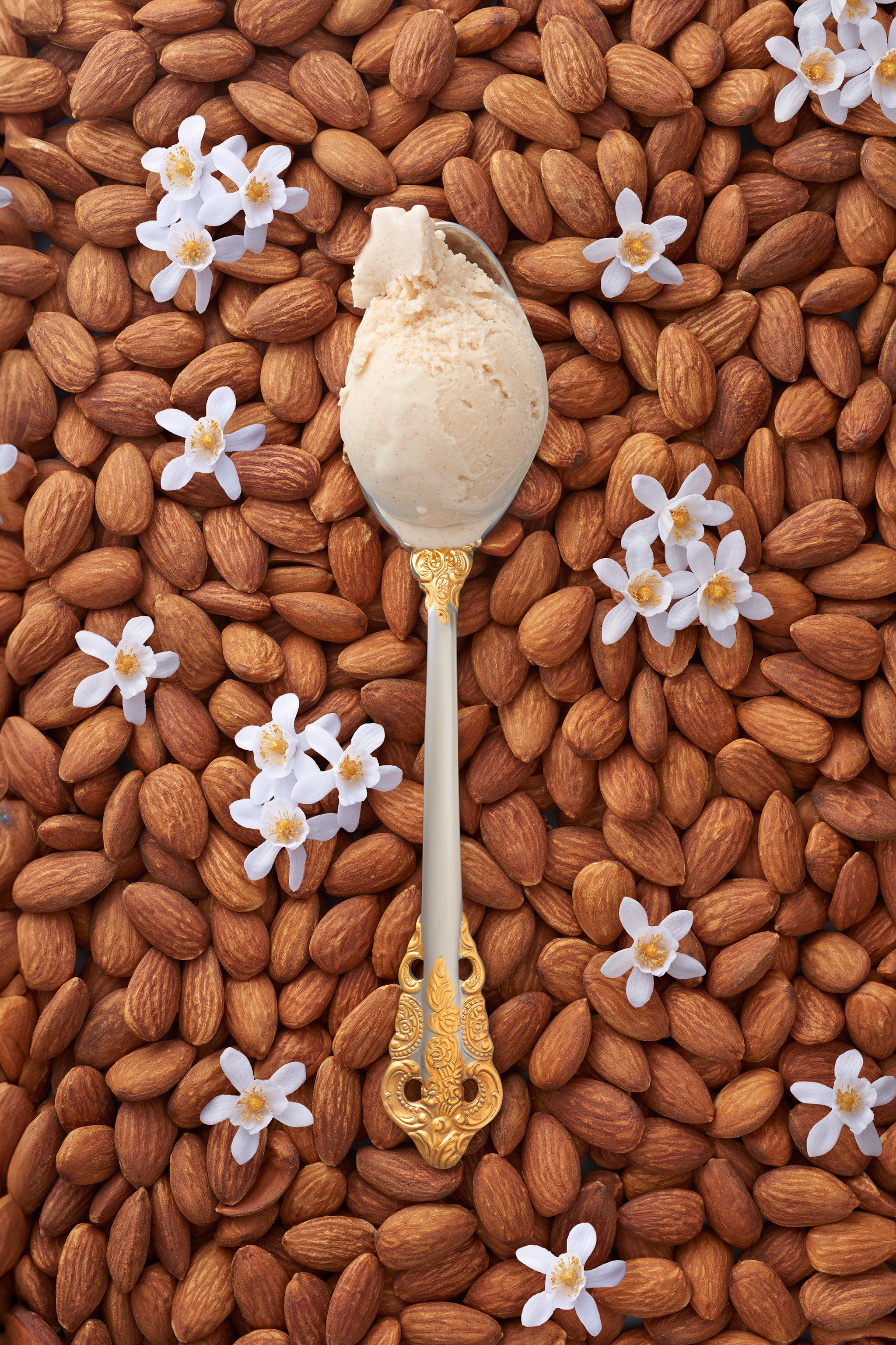 A scoop of almond blossom kulfi in a silver spoon with gold handle, surrounded by scattered almonds and delicate blossoms.