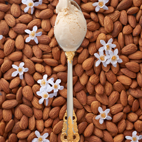 A scoop of almond blossom kulfi in a silver spoon with gold handle, surrounded by scattered almonds and delicate blossoms.