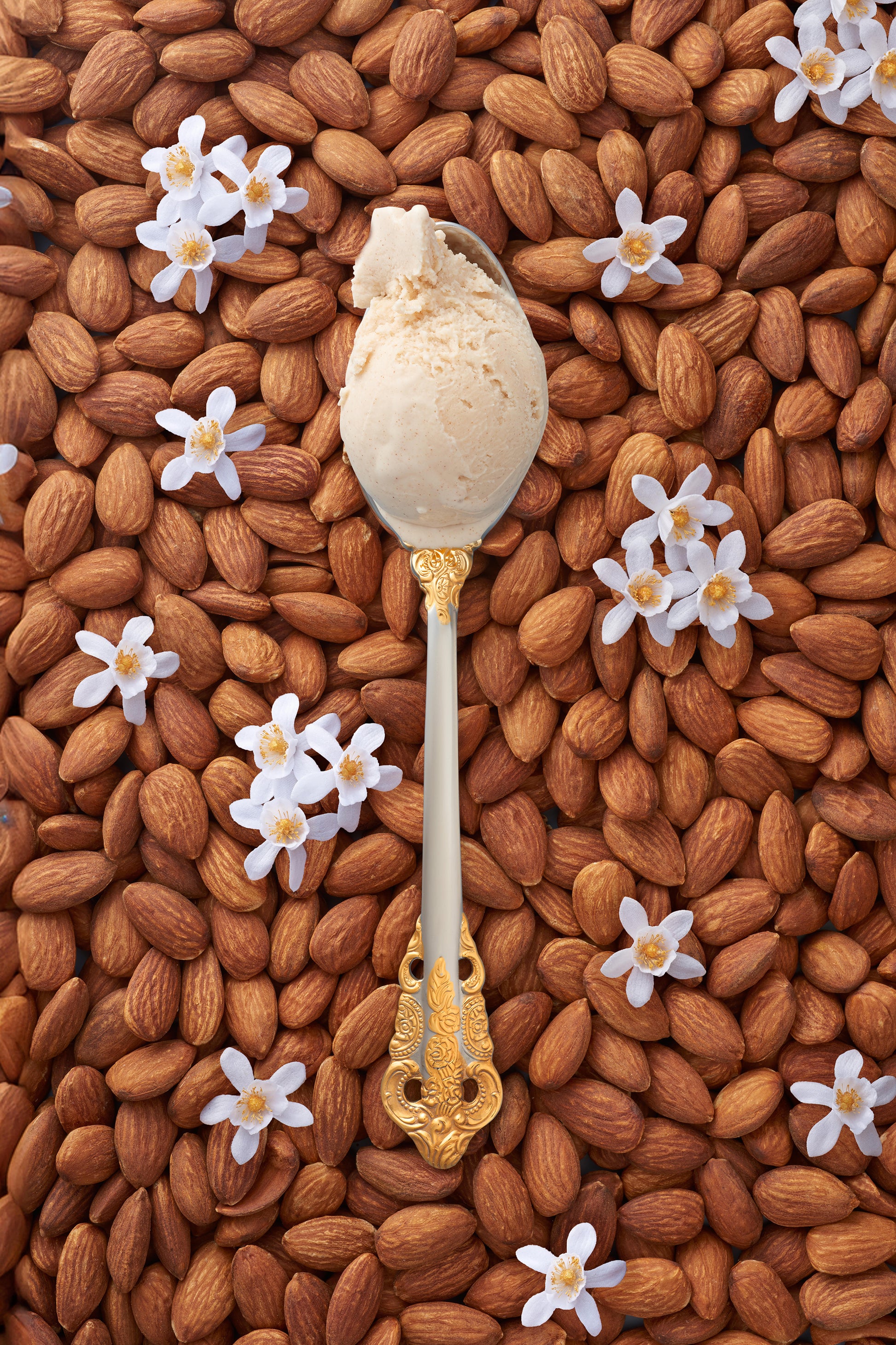 A scoop of almond blossom kulfi in a silver spoon with gold handle, surrounded by scattered almonds and delicate blossoms.